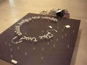 naumantrueartist Bruce Nauman, The true artist helps the world, neon, 59 x 55 x 2 in. (149.8 x139.7 x 5 cm), edition A/P, awaiting installation at the Philadelphia Museum of Art