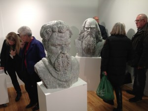 Long-bin Chen's carved magazine busts of Davinci, Mozart, and Michelangelo at Volta New York art fair this weekend