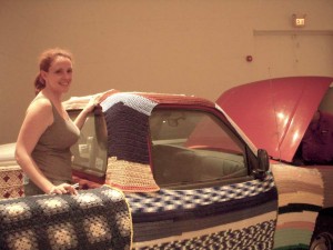 Jen Vecchio, yarnbombing her pickup truck at the Pickup Truck Expo at the Icebox, last June.
