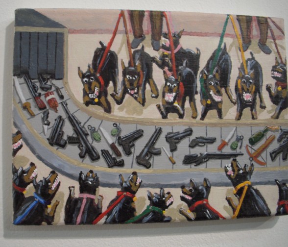 Ralph Pugay's "Dogs Barking at Weapons," 2013, acrylic on canvas, at Vox Populi