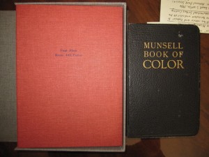 The artist’s book crafted by Ruth Scott Blackson (left) contains lines from the works of Edgar Allan Poe, matched up with the colors believed to have covered the walls of his Philadelphia home, and decoded using the Munsell Book of Color (right)