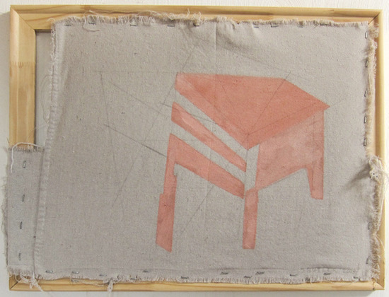 Sharon Butler, Pink Thing, 2013, pigment, binder, pencil, staples, stretchers, on linen tarp, 18 x 24 inches.