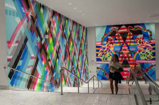 Works by Maya Hayuk adorn the lobby walls of the Hammer Museum