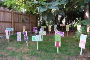 The decorated placards at the back of the lot