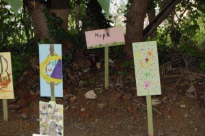 A closer look at the placards at the rear of “The House That Was Here.”