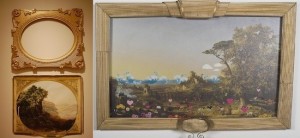 Sarah Peoples, An Earthquake (left), photocopies, glue and photo reproduction printed on canvas of John Frederick Kensett, “Hill Valley, Sunrise,” and Like Him, Like Him (right), stickers, cardboard, paint and photo reproduction printed on canvas of Jasper F. Cropsey, “Landscape with Figures near Rome.”
