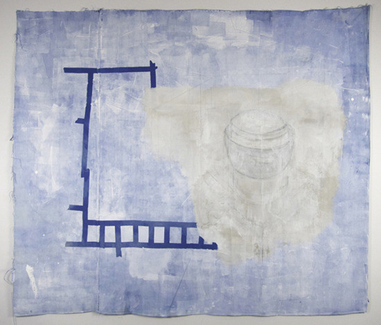 Sharon Butler, Silencer, 2013, pigment, binder, latex enamel, gesso, pencil, staples, loosely stretched linen tarp, 66 x 72 inches.
