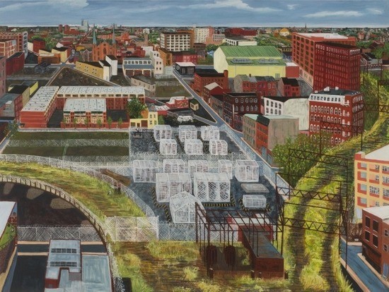 Sarah McEneaney Trestletown, North from Goldtex (2013); 36" x 48", egg tempera on wood. Courtesy of Locks Gallery.