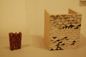 Tom Lauerman, Folding Screen, wood, ink, shellac (left), and Homage to the Cinder Block, for Louis Kahn, Trenton Bath House, ceramic
