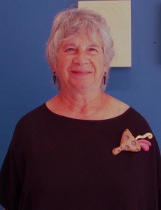 Ruth Snyderman sporting one of Bruce Metcalf's brooches