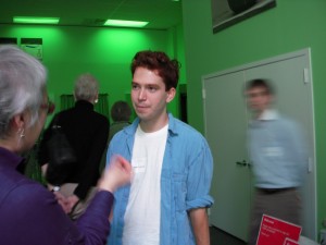 Ryan Trecartin speaking with Libby at the FWM opening. He leaves his cherubic looks behind when he immerses himself in his video personas..