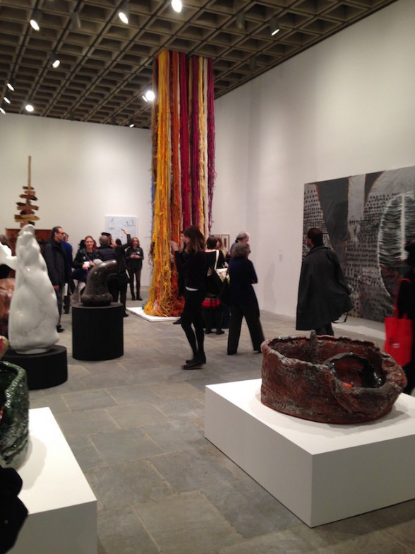 Sheila Hicks (hanging, rear), Sterling Ruby in the room beyond the camera obscura.