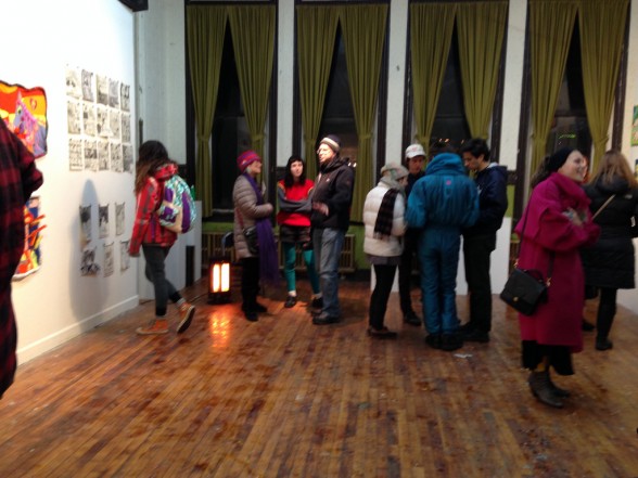 Crowd at Space 1026, with Libby (l) talking with WHYY's Michael O'Reilly and artist Char Esme