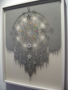 IMG_5215 Hunter Stabler, Magick Kruller Alefbet Lamen of the Golden Dawn, Ink and graphite on hand-cut paper and color-aid mounted on plexiglas, 35 x 27 inches, 2009