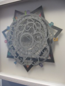 IMG_5216 Hunter Stabler, The Impractical Astrolabe Wavicle of Timey Whimey Stuff / Children’s Clock Preliminary Drawing, Ink and graphite on hand-cut paper and color-aid mounted on plexiglas, 14 x 14 inches, 2009