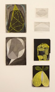 Photo credit to Brian Cypher two on left: "Untitled" (linked form) and "Untitled"( self portrait), both are: 2012, acrylic on paper, 15" x 11". two right top: Untitled drawings on graph paper, 2010, 5 1/4" x 7" and 5 1/2" x 8 1/2 ". two right bottom: Untitled acrylic and ink drawings on manila file folder, 2012, each 11 1/2 " x 8 3/4".