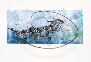 Loop, welded steel, 25" x 56" 41.5" Suspension, acrylic, pastel, graphite on paper, 48" x 96" ©2014 Nanci Hersh Photo: Christian Kaye.