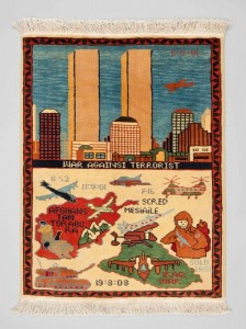war rug with twin towers